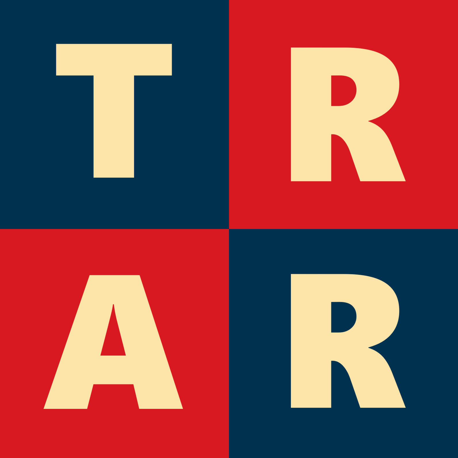4 blocks of alternating red and dark blue. Each block has one letter, spelling out T R A R.
