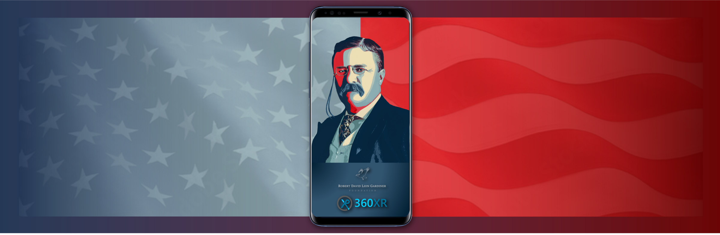 Digital mockup of an illustration of Theodore Roosevelt on a phone screen. Behind it is an American flag.
